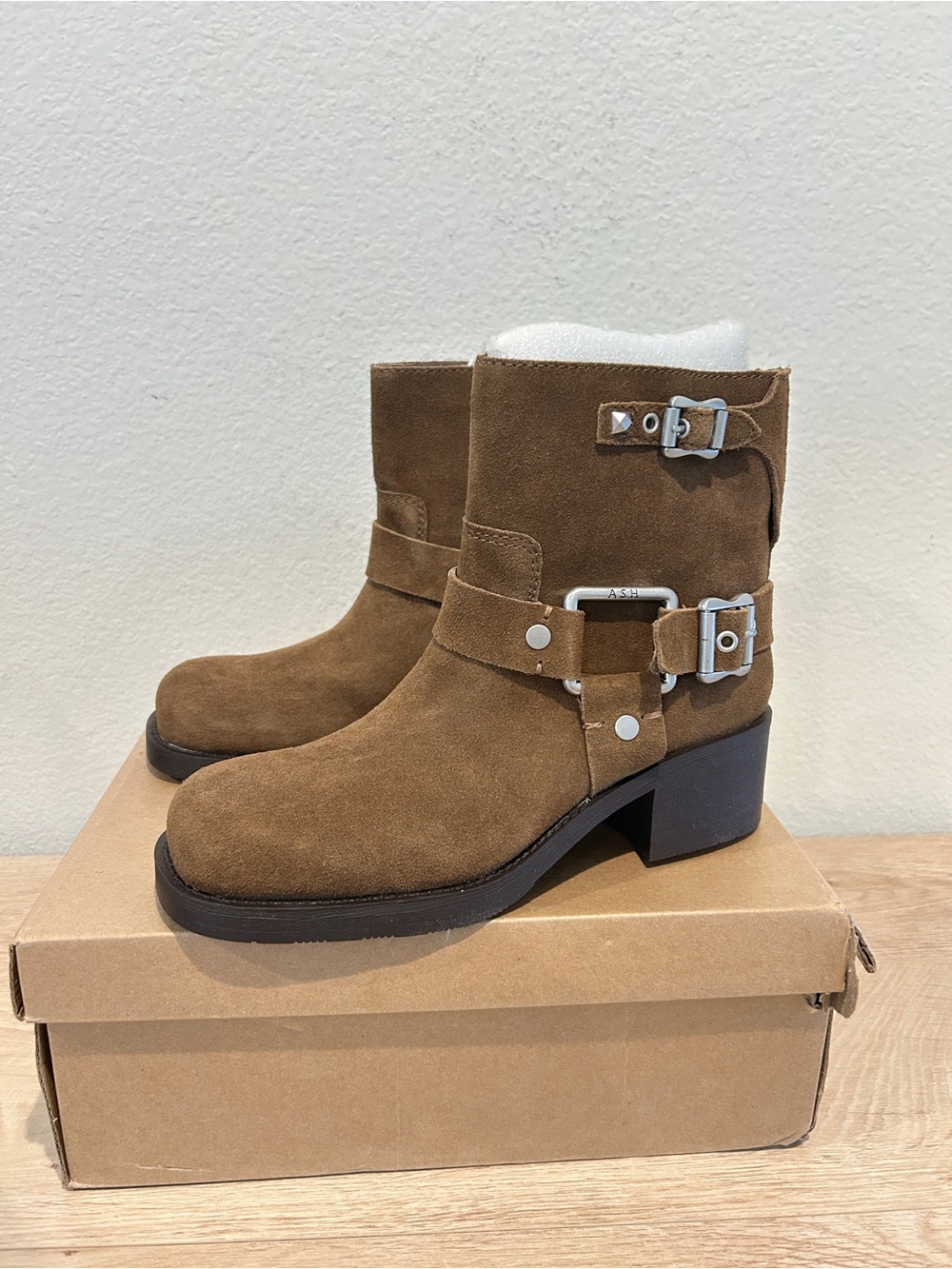 NIB ASH Texas Buckled Suede Bootie - Land, Size 39, New in Box